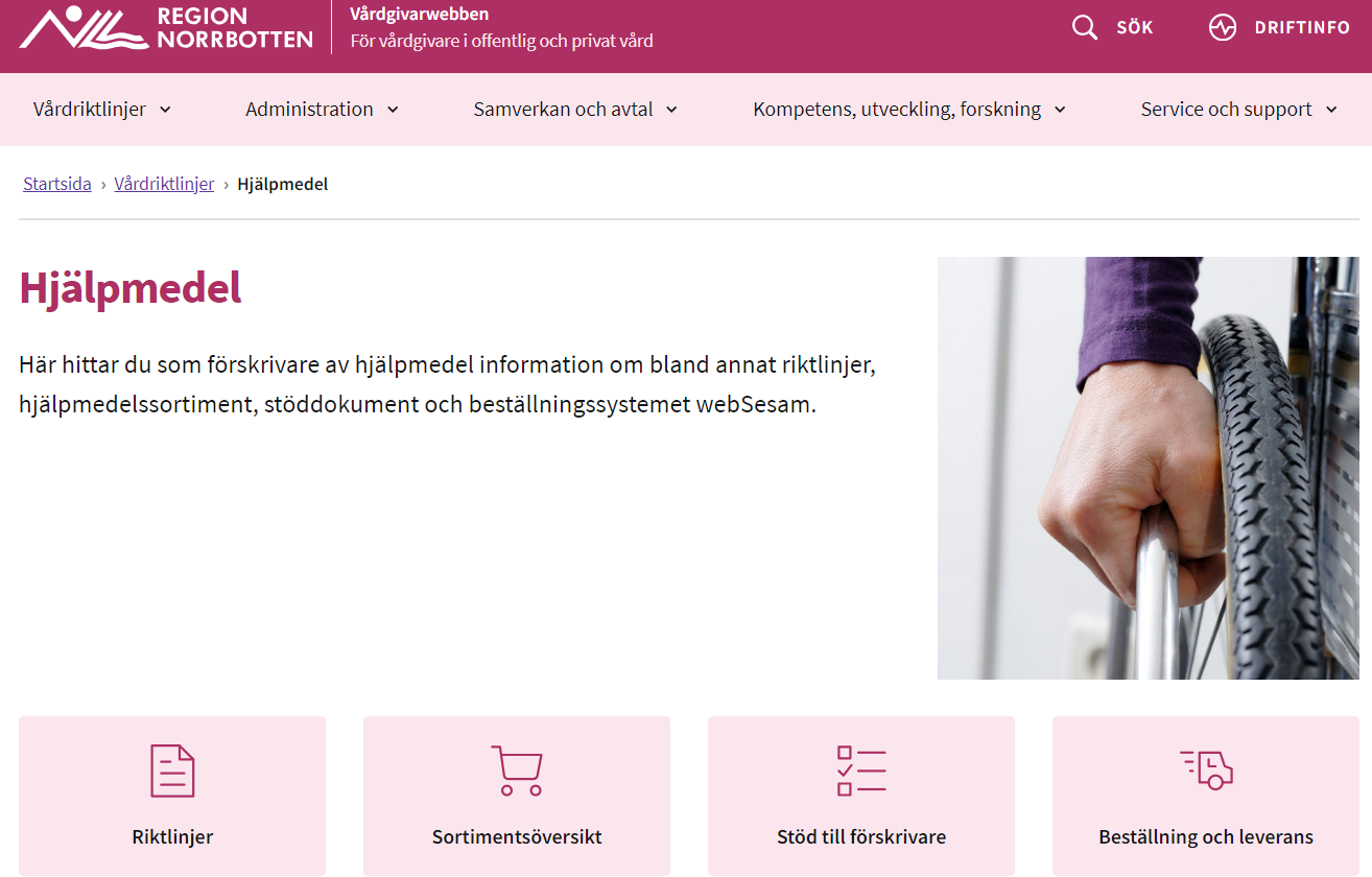 skärmbild av hjälpmedelssida på vårdgivarwebben